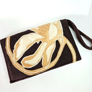 VINTAGE Lawrence Bentley Brown Floral Embroidered Brown Clutch Wristlet Bag